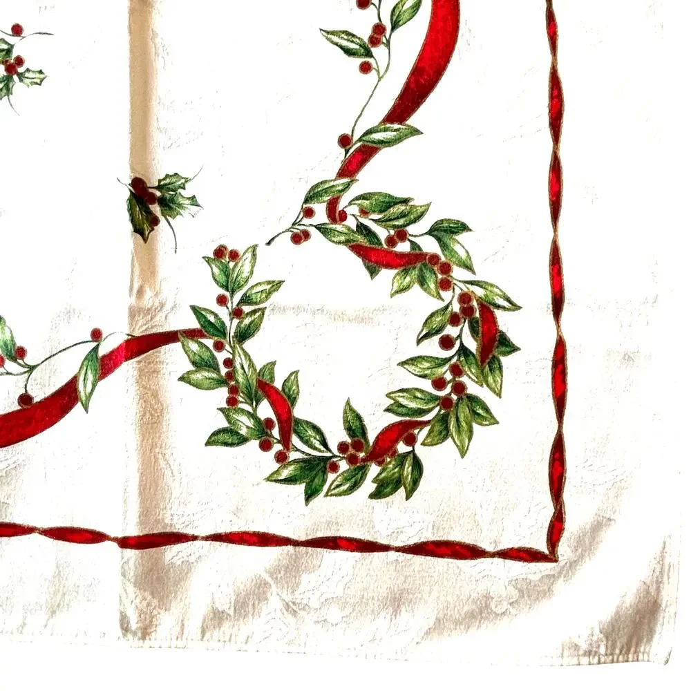 Vintage Christmas tablecloth creamy white brocade red green ribbon holly design
